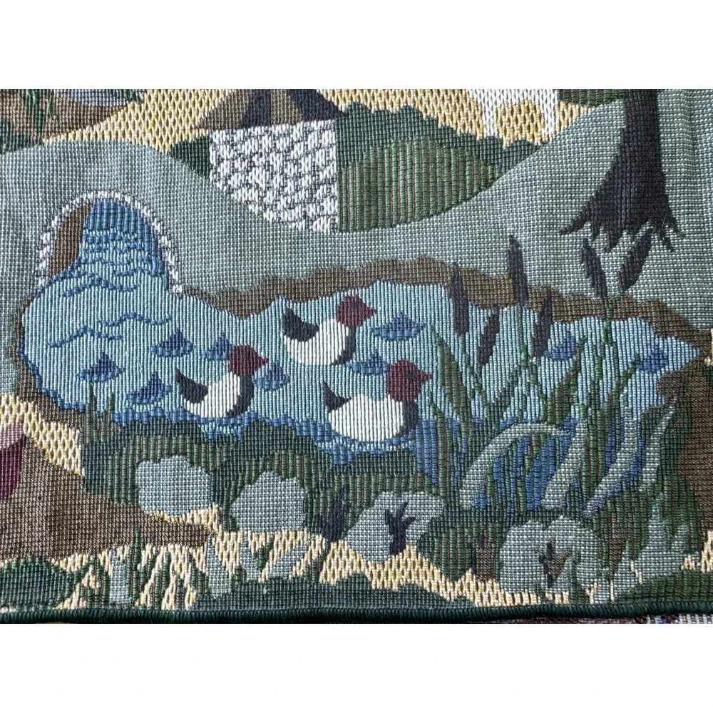 Green Tapestry Table Runner Fringed Tasseled Farm Life Animals Country 3 Pc